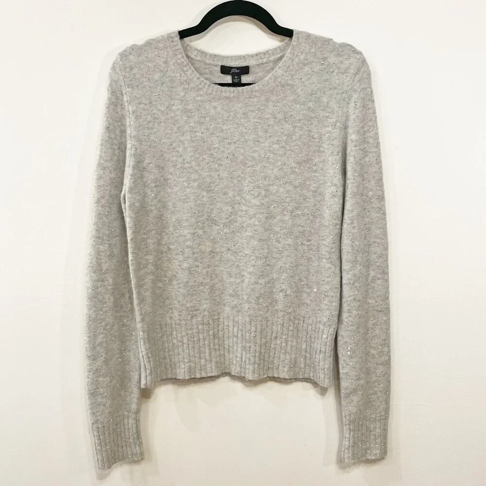 New J.Crew Wool Blend Rhinestone Sweater Grey Medium $128